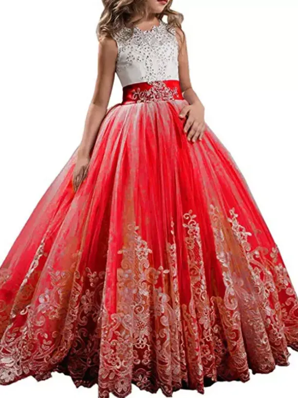 Flower Girl Dresses Jewel Neck Sleeveless Studded Formal Kids Pageant Dresses