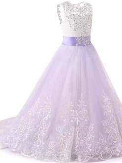 Flower Girl Dresses Jewel Neck Sleeveless Studded Formal Kids Pageant Dresses