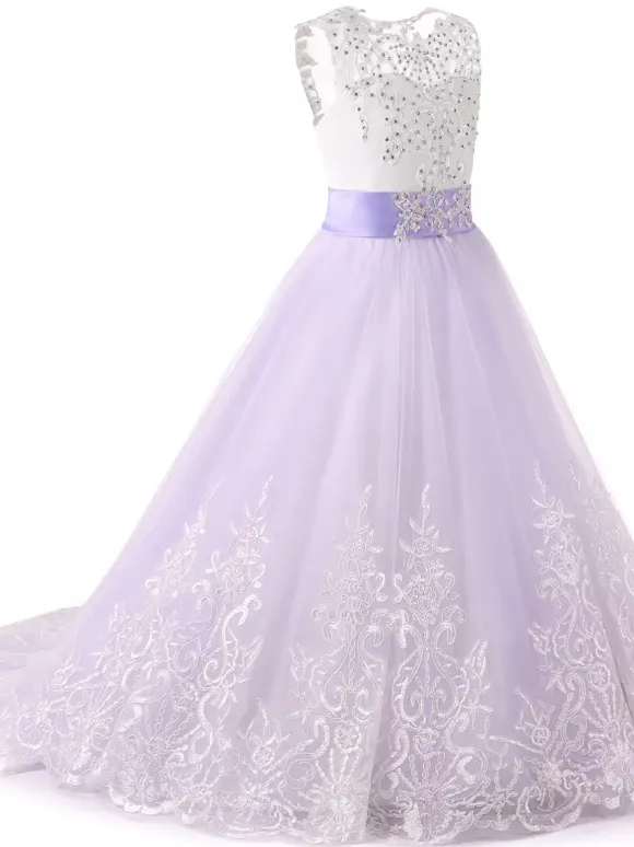 Flower Girl Dresses Jewel Neck Sleeveless Studded Formal Kids Pageant Dresses