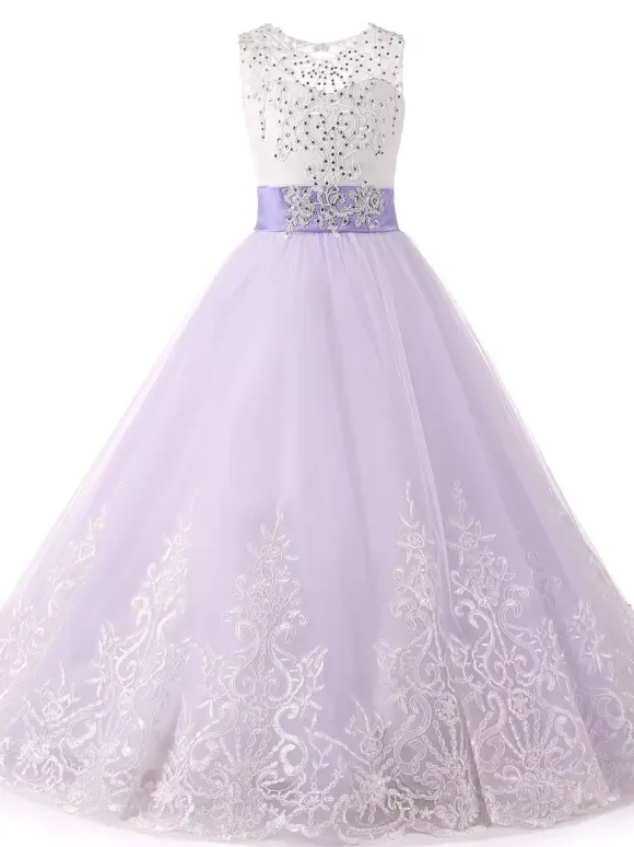 Flower Girl Dresses Jewel Neck Sleeveless Studded Formal Kids Pageant Dresses