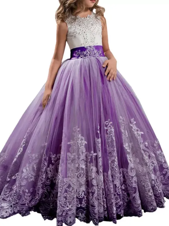 Flower Girl Dresses Jewel Neck Sleeveless Studded Formal Kids Pageant Dresses