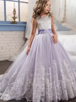 Flower Girl Dresses Jewel Neck Sleeveless Studded Formal Kids Pageant Dresses