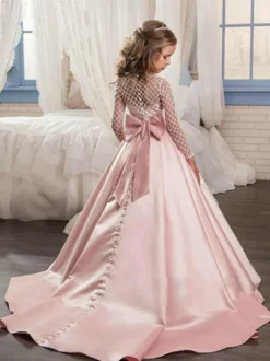 Flower Girl Dresses Jewel Neck Long Sleeves Buttons Formal Kids Pageant Dresses
