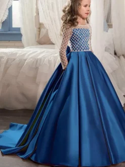 Flower Girl Dresses Jewel Neck Long Sleeves Buttons Formal Kids Pageant Dresses