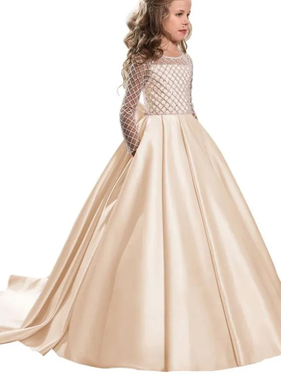 Flower Girl Dresses Jewel Neck Long Sleeves Buttons Formal Kids Pageant Dresses