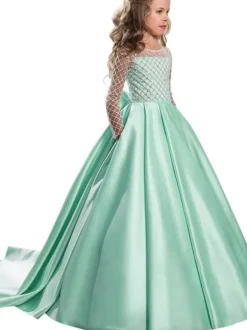 Flower Girl Dresses Jewel Neck Long Sleeves Buttons Formal Kids Pageant Dresses