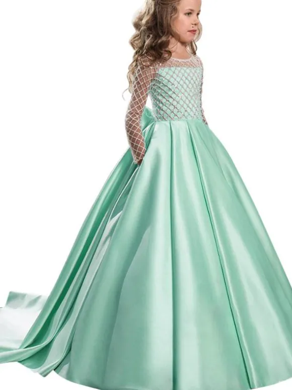 Flower Girl Dresses Jewel Neck Long Sleeves Buttons Formal Kids Pageant Dresses