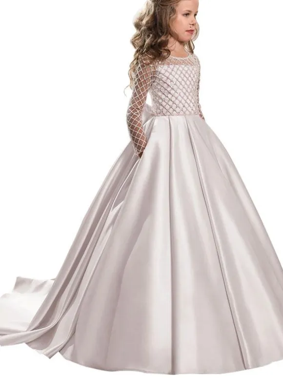 Flower Girl Dresses Jewel Neck Long Sleeves Buttons Formal Kids Pageant Dresses