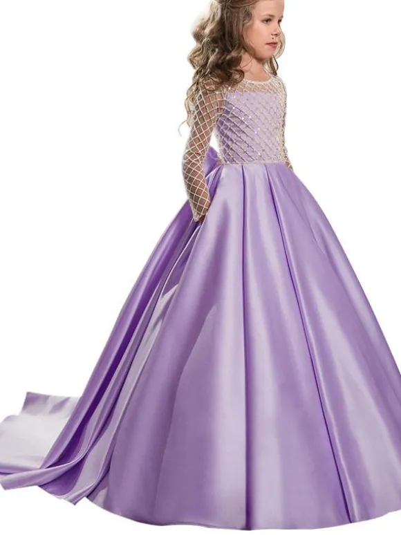 Flower Girl Dresses Jewel Neck Long Sleeves Buttons Formal Kids Pageant Dresses