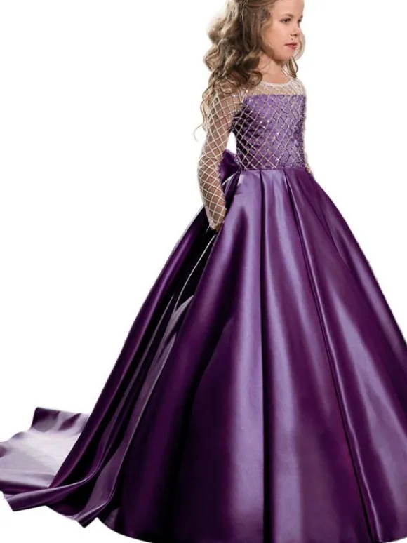 Flower Girl Dresses Jewel Neck Long Sleeves Buttons Formal Kids Pageant Dresses