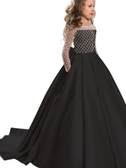 Flower Girl Dresses Jewel Neck Long Sleeves Buttons Formal Kids Pageant Dresses