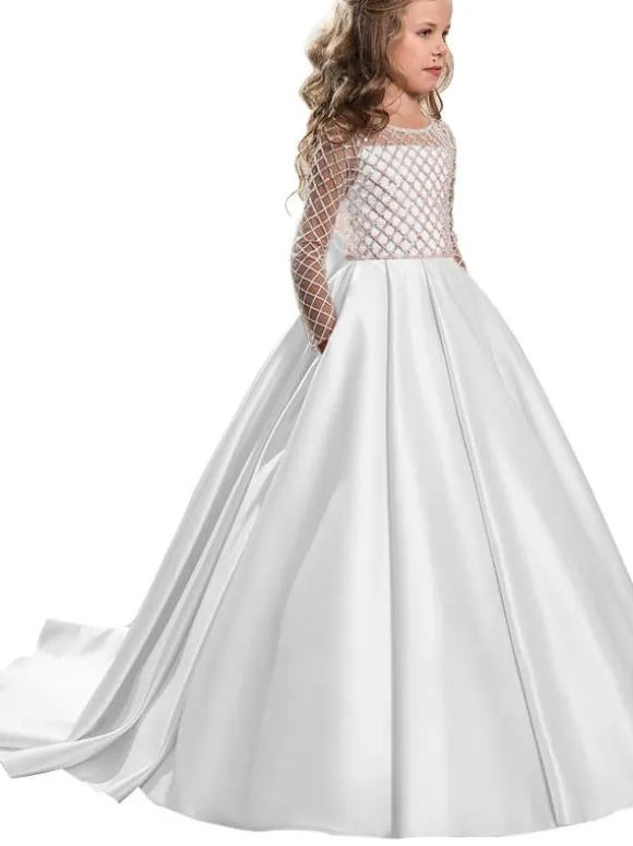 Flower Girl Dresses Jewel Neck Long Sleeves Buttons Formal Kids Pageant Dresses