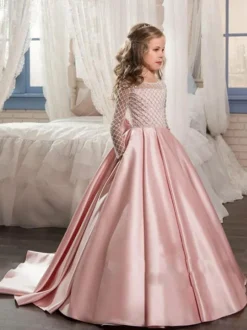 Flower Girl Dresses Jewel Neck Long Sleeves Buttons Formal Kids Pageant Dresses