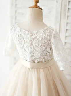 Flower Girl Dresses Jewel Neck Half Sleeves Sash Kids Social Party Dresses