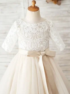 Flower Girl Dresses Jewel Neck Half Sleeves Sash Kids Social Party Dresses