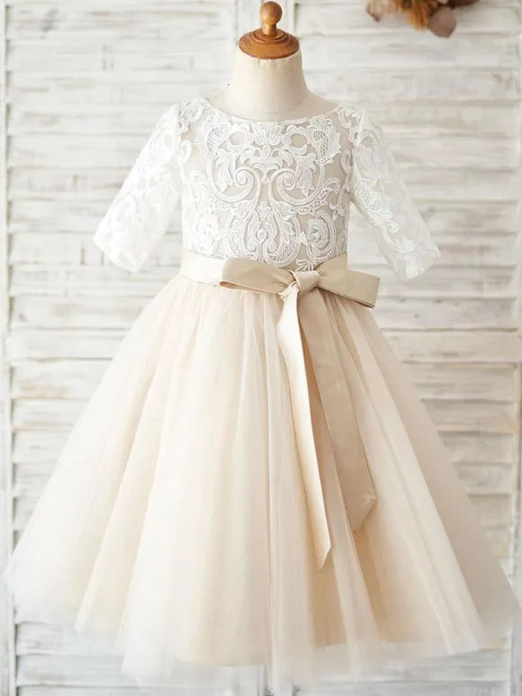 Flower Girl Dresses Jewel Neck Half Sleeves Sash Kids Social Party Dresses