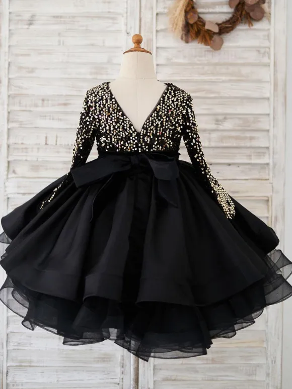 Flower Girl Dresses Jewel Neck Satin Long Sleeves Knee-Length Princess Silhouette Sash Formal Kids Pageant Dresses Free Customization