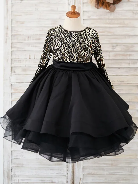 Flower Girl Dresses Jewel Neck Satin Long Sleeves Knee-Length Princess Silhouette Sash Formal Kids Pageant Dresses Free Customization