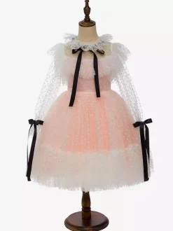 Flower Girl Dresses Lace Long Sleeves Tea-Length Princess Silhouette Kids Party Dresses
