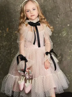 Flower Girl Dresses Lace Long Sleeves Tea-Length Princess Silhouette Kids Party Dresses