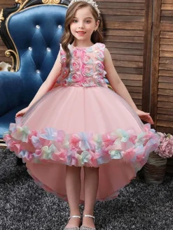 Flower Girl Dresses Pink Jewel Neck Sleeveless Bows Flowers Tulle Cotton Formal Kids Pageant Dresses