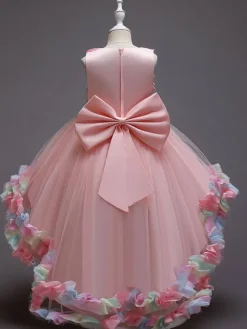 Flower Girl Dresses Pink Jewel Neck Sleeveless Bows Flowers Tulle Cotton Formal Kids Pageant Dresses