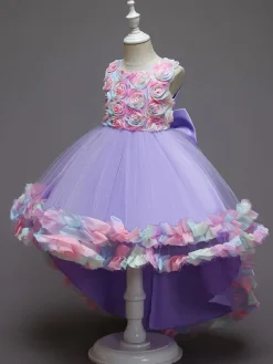 Flower Girl Dresses Pink Jewel Neck Sleeveless Bows Flowers Tulle Cotton Formal Kids Pageant Dresses