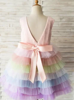 Flower Girl Dresses Rainbow Color Jewel Neck Tulle Sleeveless Knee Length Princess Silhouette Pearls Kids Social Party Dresses