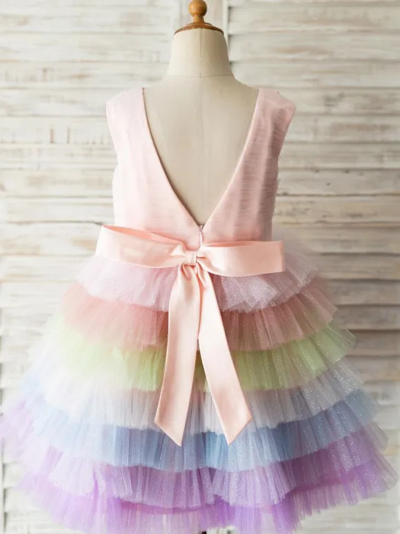 Flower Girl Dresses Rainbow Color Jewel Neck Tulle Sleeveless Knee Length Princess Silhouette Pearls Kids Social Party Dresses