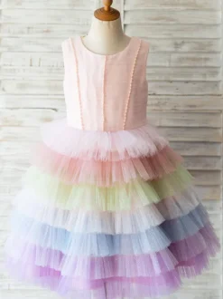 Flower Girl Dresses Rainbow Color Jewel Neck Tulle Sleeveless Knee Length Princess Silhouette Pearls Kids Social Party Dresses