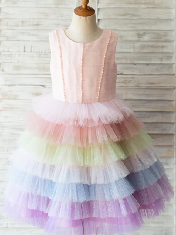 Flower Girl Dresses Rainbow Color Jewel Neck Tulle Sleeveless Knee Length Princess Silhouette Pearls Kids Social Party Dresses
