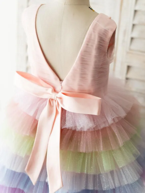 Flower Girl Dresses Rainbow Color Jewel Neck Tulle Sleeveless Knee Length Princess Silhouette Pearls Kids Social Party Dresses