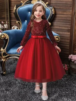 Flower Girl Dresses V-Neck Tulle Long Sleeves Ankle-Length A-Line Bows Burgundy Kids Social Party Dresses