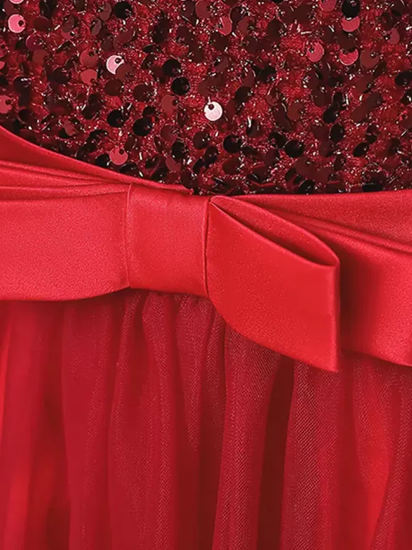 Flower Girl Dresses V-Neck Tulle Long Sleeves Ankle-Length A-Line Bows Burgundy Kids Social Party Dresses