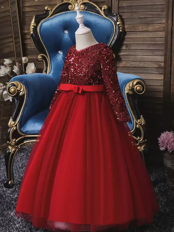 Flower Girl Dresses V-Neck Tulle Long Sleeves Ankle-Length A-Line Bows Burgundy Kids Social Party Dresses