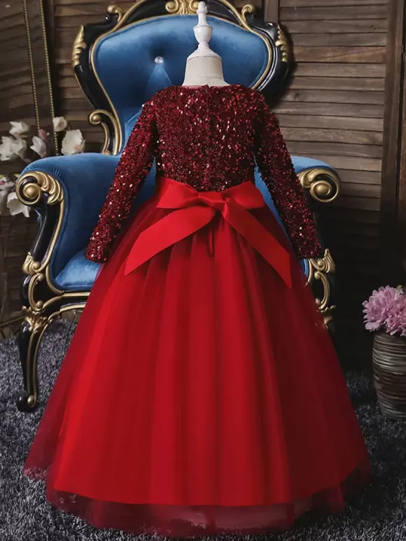 Flower Girl Dresses V-Neck Tulle Long Sleeves Ankle-Length A-Line Bows Burgundy Kids Social Party Dresses