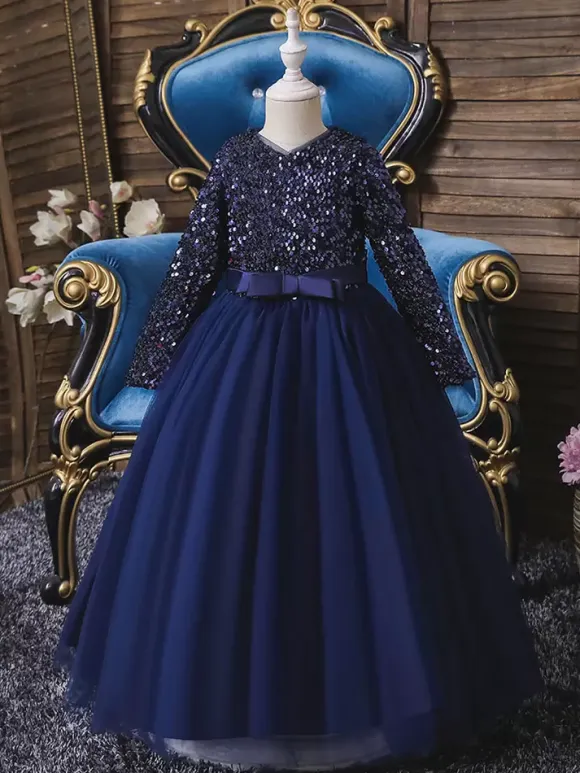 Flower Girl Dresses V-Neck Tulle Long Sleeves Ankle-Length A-Line Bows Burgundy Kids Social Party Dresses