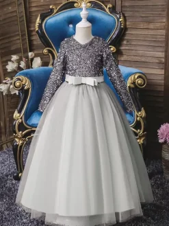 Flower Girl Dresses V-Neck Tulle Long Sleeves Ankle-Length A-Line Bows Burgundy Kids Social Party Dresses