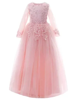 Flower Girl Dresses White Jewel Neck 3/4 Length Sleeves Tulle Lace Embroidered Formal Kids Pageant Dresses