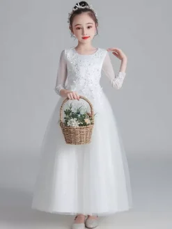 Flower Girl Dresses White Jewel Neck 3/4 Length Sleeves Tulle Lace Embroidered Formal Kids Pageant Dresses