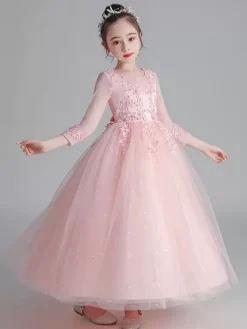 Flower Girl Dresses White Jewel Neck 3/4 Length Sleeves Tulle Lace Embroidered Formal Kids Pageant Dresses