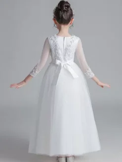 Flower Girl Dresses White Jewel Neck 3/4 Length Sleeves Tulle Lace Embroidered Formal Kids Pageant Dresses
