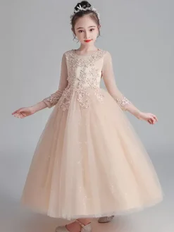 Flower Girl Dresses White Jewel Neck 3/4 Length Sleeves Tulle Lace Embroidered Formal Kids Pageant Dresses