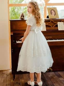 Flower Girl Dresses White Jewel Neck Lace Short Sleeves Tea-Length A-Line Lace Formal Kids Pageant Dresses