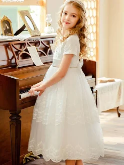 Flower Girl Dresses White Jewel Neck Lace Short Sleeves Tea-Length A-Line Lace Formal Kids Pageant Dresses