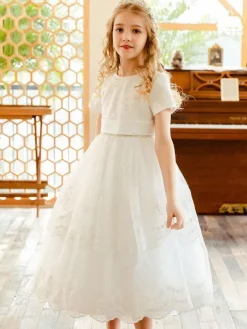 Flower Girl Dresses White Jewel Neck Lace Short Sleeves Tea-Length A-Line Lace Formal Kids Pageant Dresses