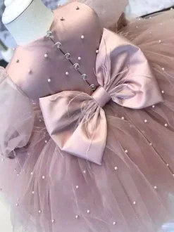 Flower Girl Dress Lace Jewel Neck Long Sleeves Cameo Pink