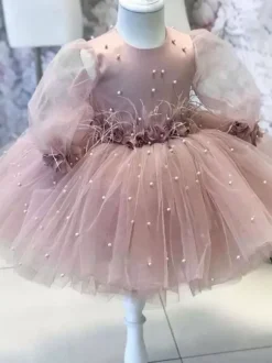 Flower Girl Dress Lace Jewel Neck Long Sleeves Cameo Pink