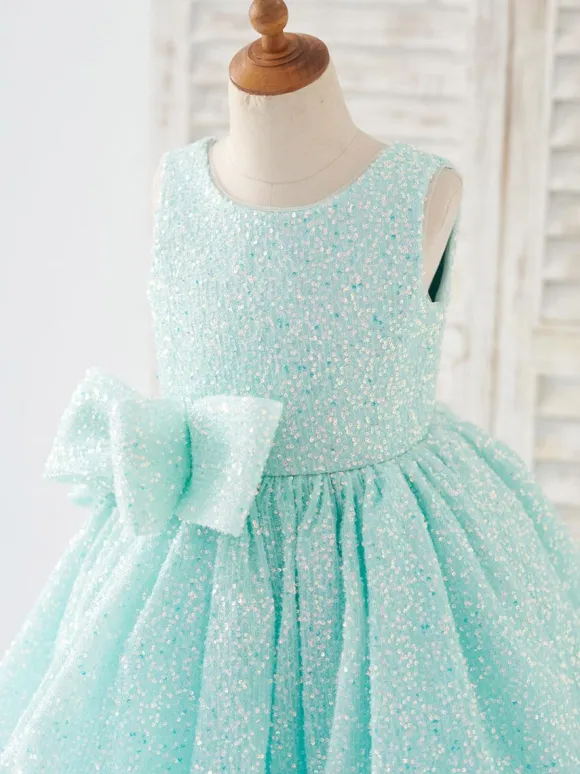 Flower Girl Dress Sequined Bows Jewel Neck Sleeveless Mint Green Free Customization
