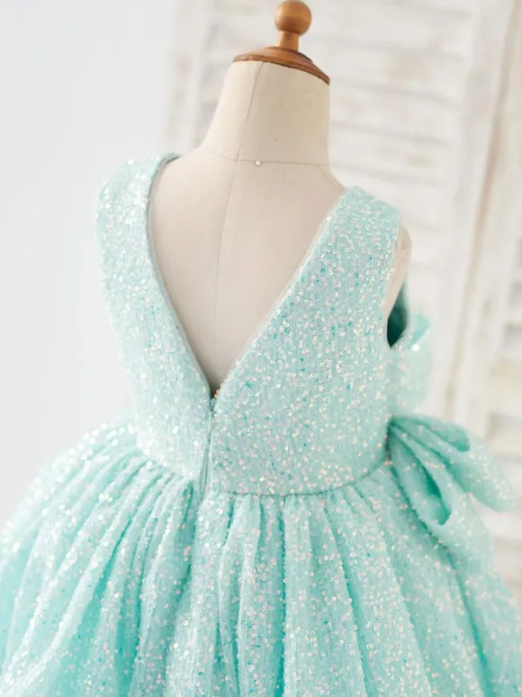 Flower Girl Dress Sequined Bows Jewel Neck Sleeveless Mint Green Free Customization